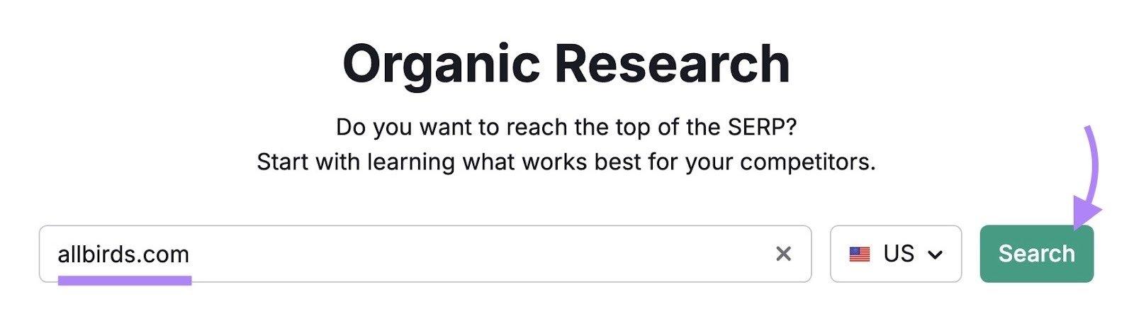 Organic Research tool start with "allbirds.com" entered as the domain and "Search" clicked.
