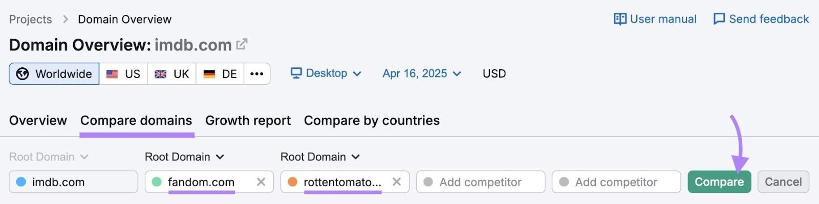 Domain Overview with competing domains entered and "Compare" clicked.
