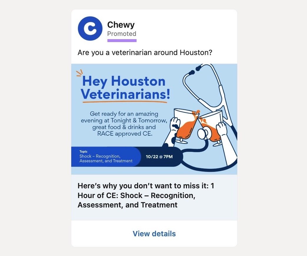 LinkedIn ad by Chewy with the "Promoted" tag highlighted.