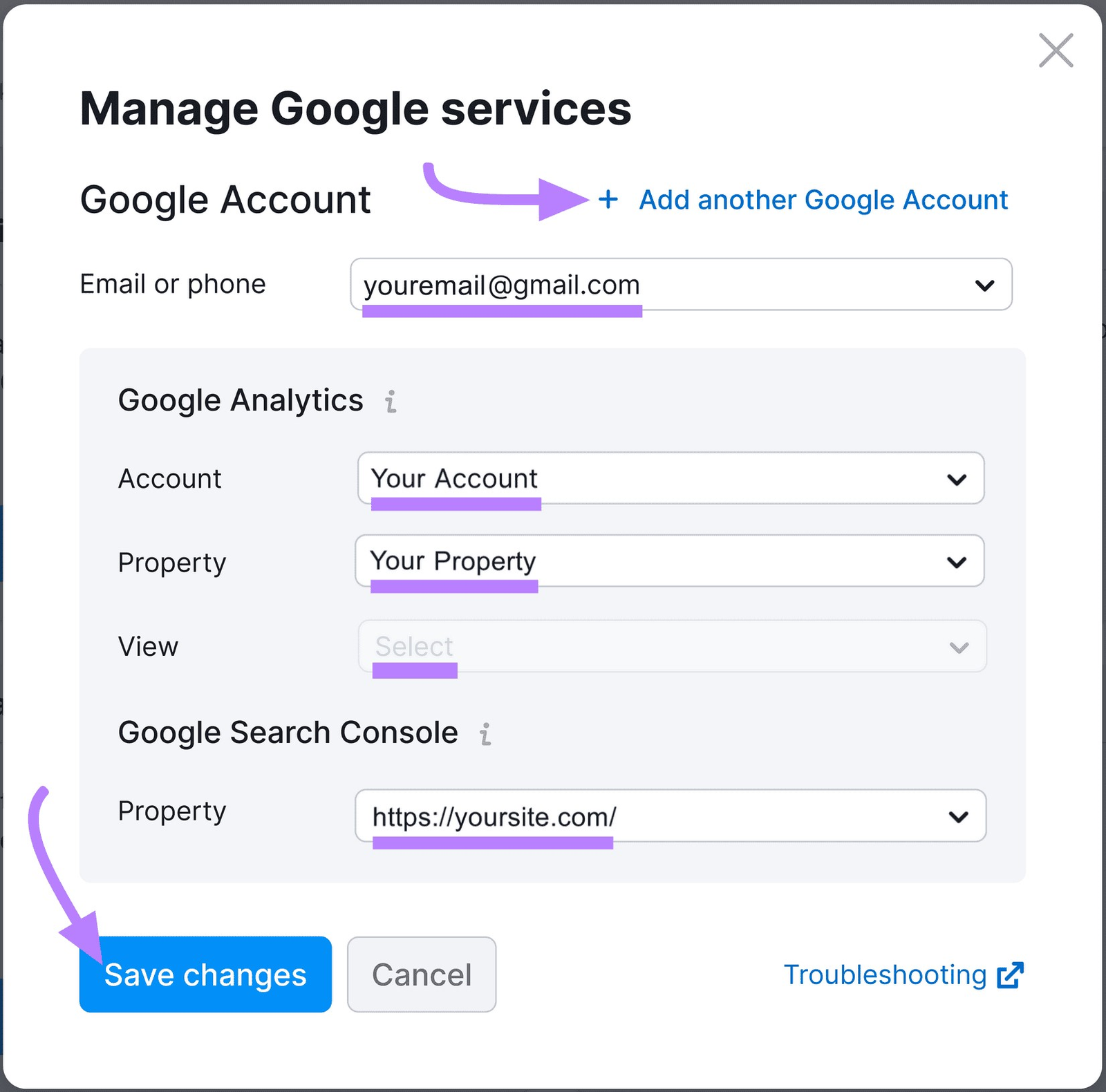 "Manage Google services" pop up window