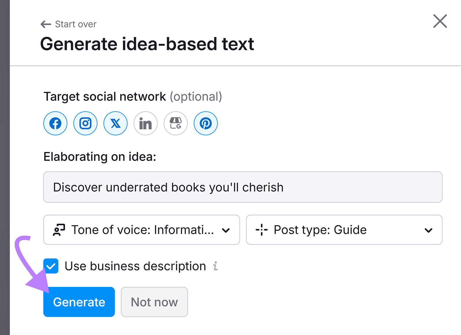 Idea text generator form with selected idea and options for tone, post type, and social platforms.