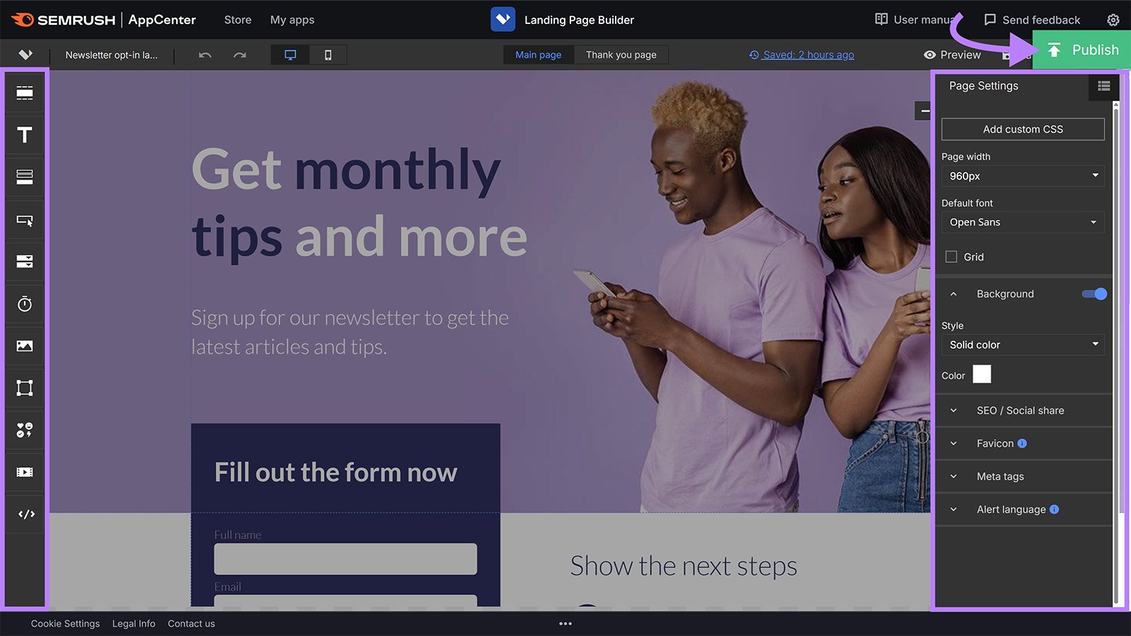 Semrush Landing Page Builder editor with left and right sidebars highlighted and arrow pointing to Publish button