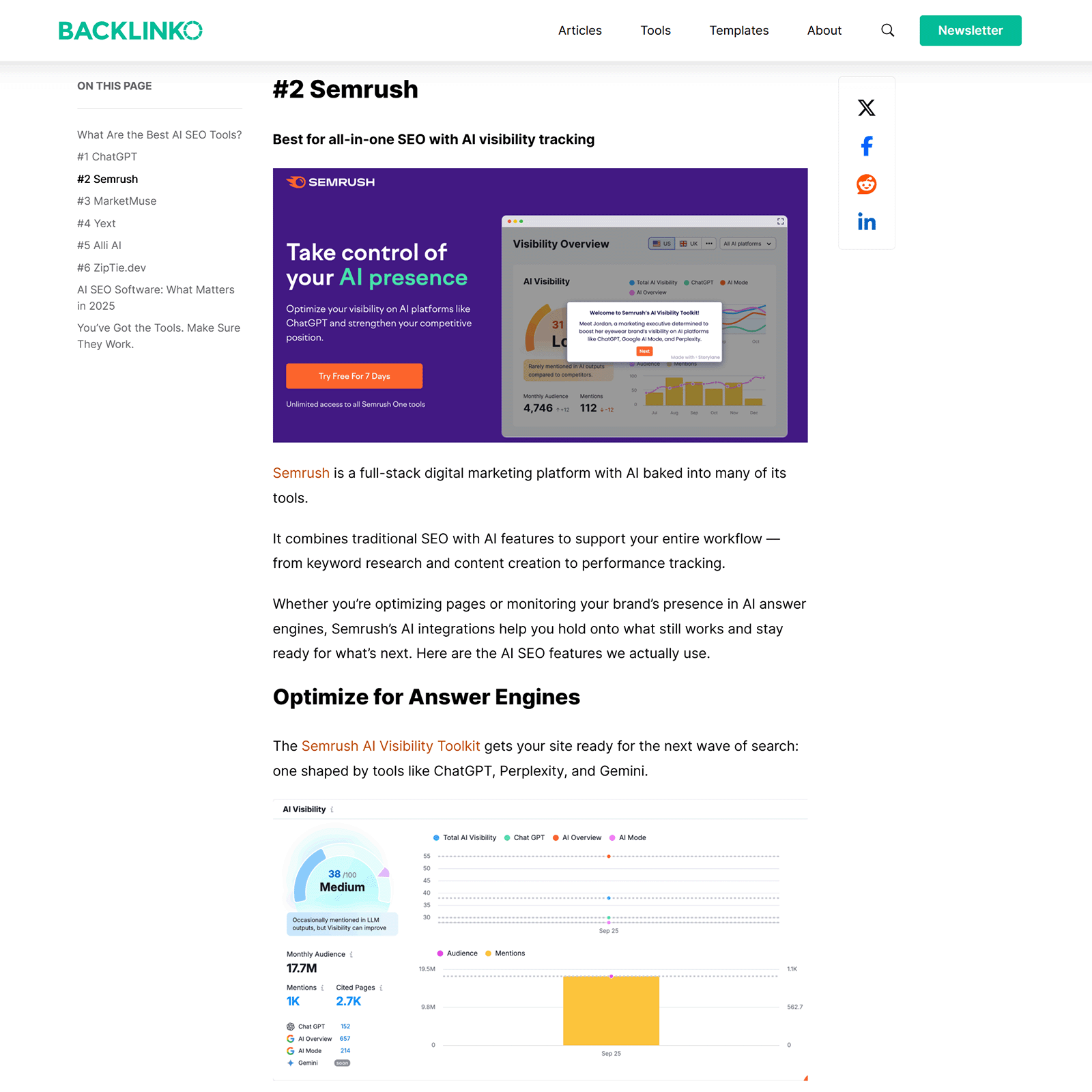 Backlinko page showing a Semrush AI visibility graphic and feature overview.