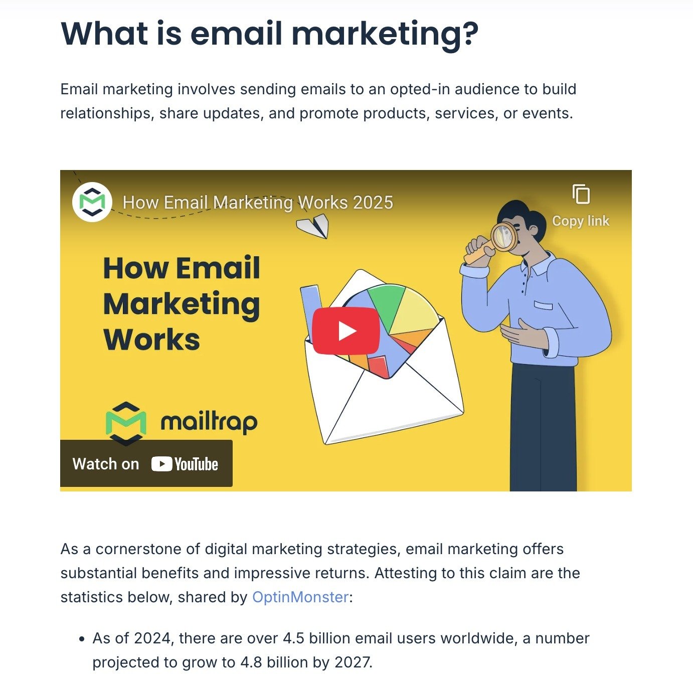 An embedded video from the brand's YouTube channel on a pillar page by Mailtrap.