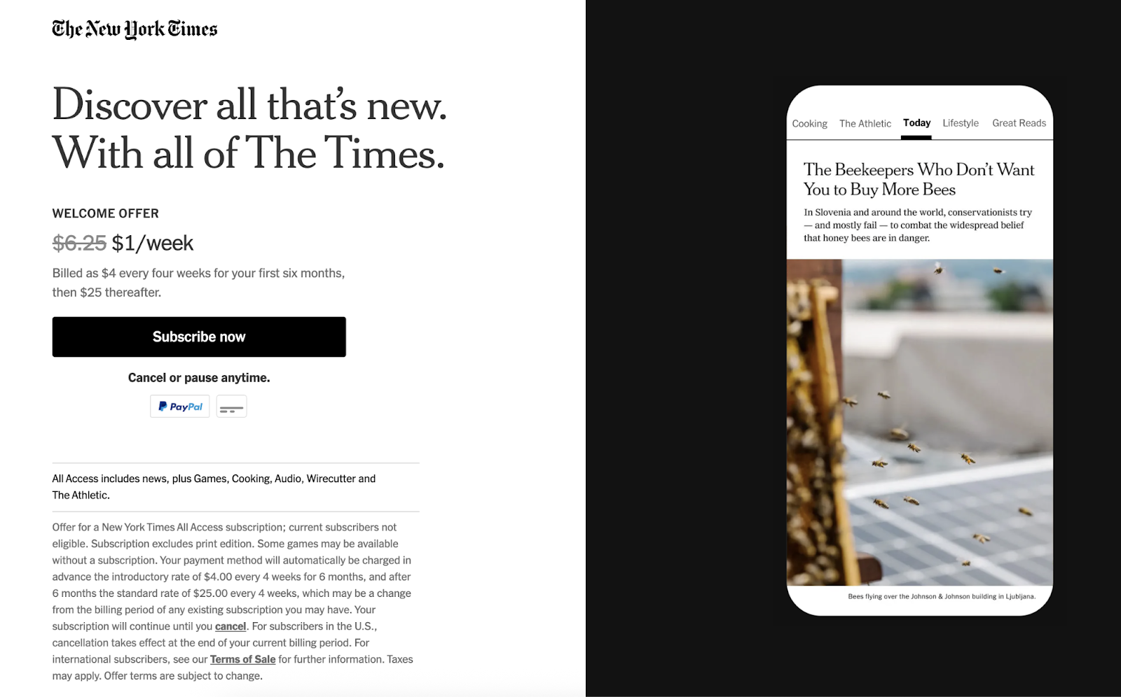 The landing page includes a headline, call to action, and visual element of what the subscription includes.