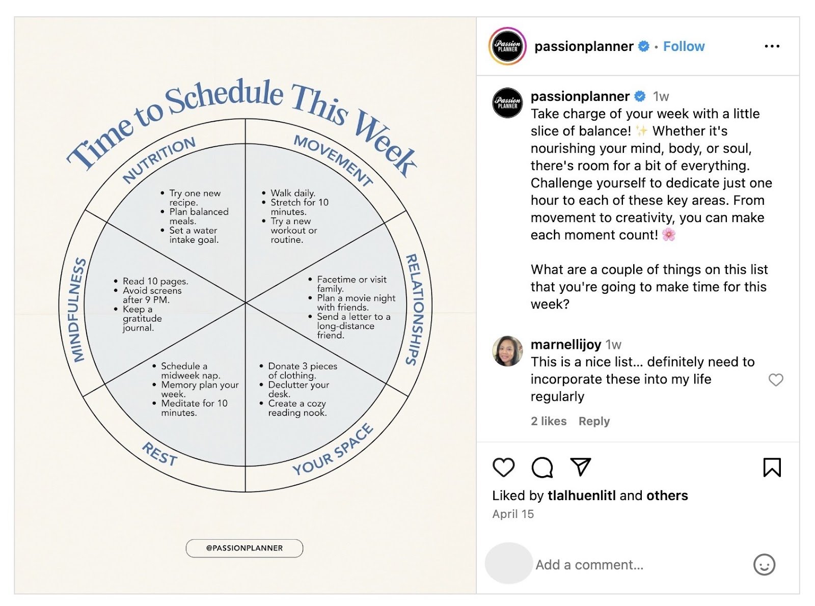 Post on Instagram by 'Passion Planner' with educational content that helps plan and schedule the week's activities.