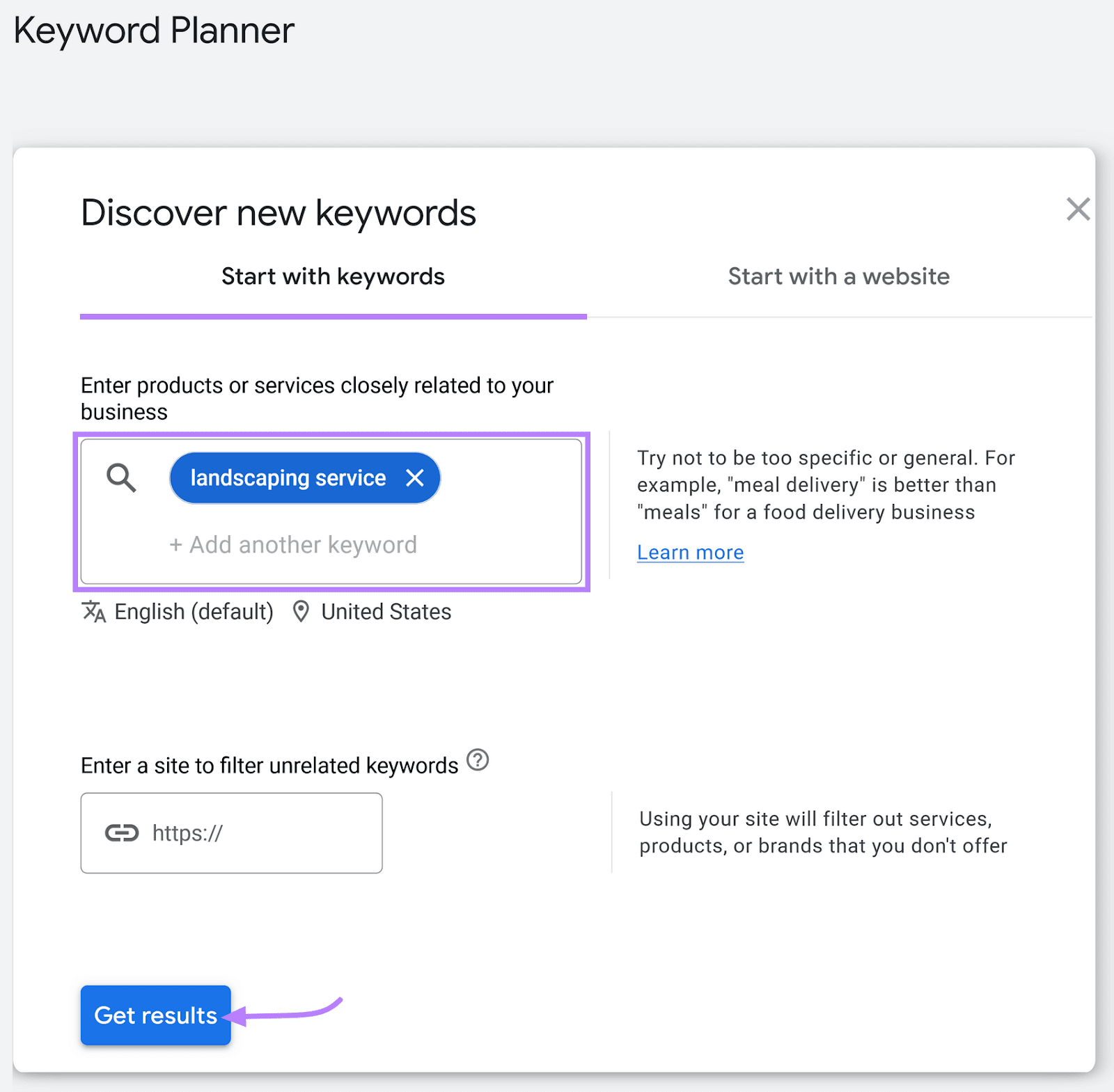 "landscaping service" keyword entered in Google Keyword Planner