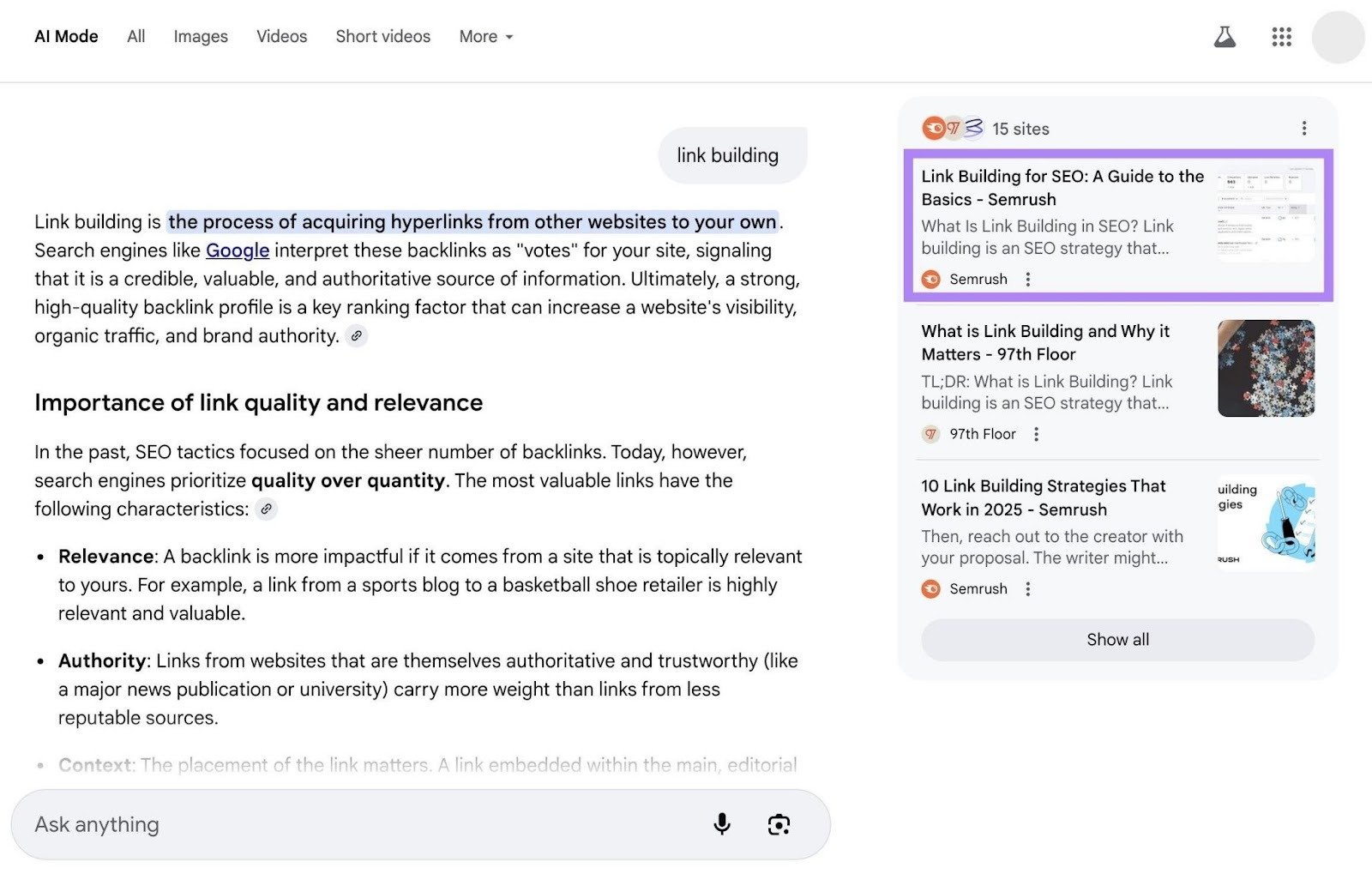 "link building" entered on Google's AI Mode which shows a link building guide by Semrush cited as a source.