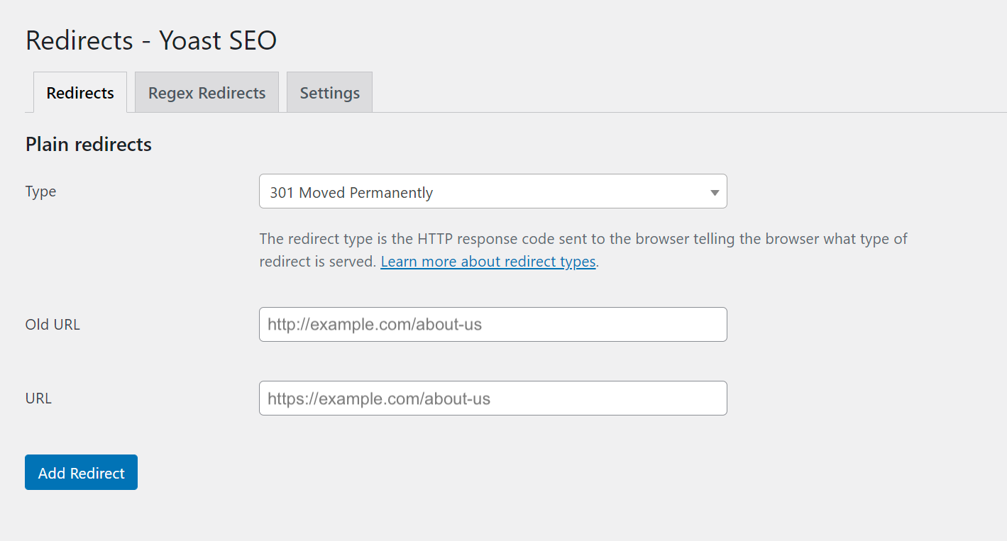 The redirect type here is 301 move permanently with the old http URL redirecting to the https URL.