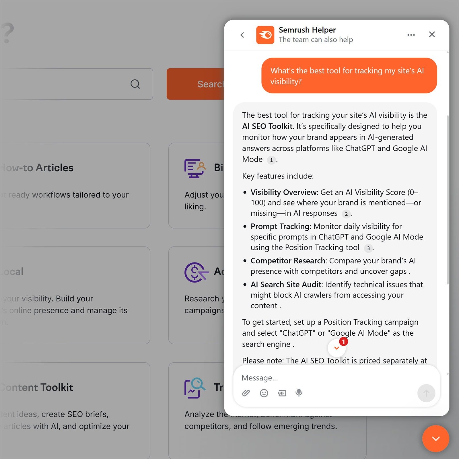 Semrush Helper chat window answering a question about tracking AI visibility using the AI Visibility Toolkit.