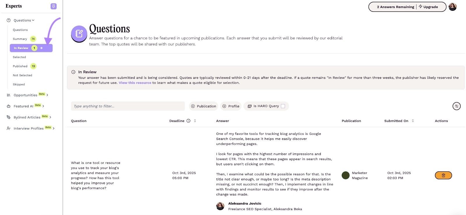 The "In Review" tab on Featured where you can track the status of pitches.