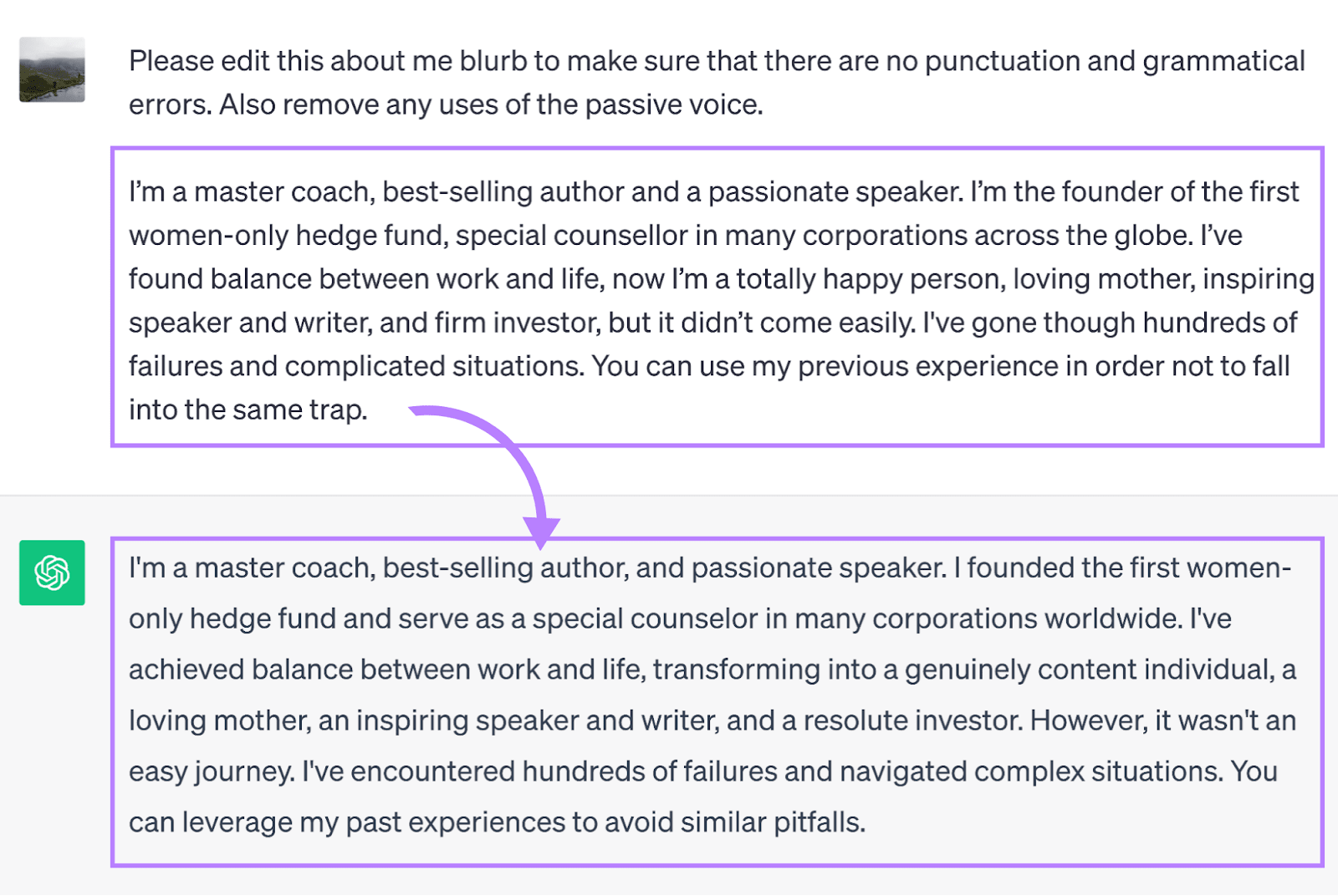 ChatGPT's response to “Please edit this about me blurb to make sure that there are no punctuation and grammatical errors. Also remove any uses of the passive voice” prompt