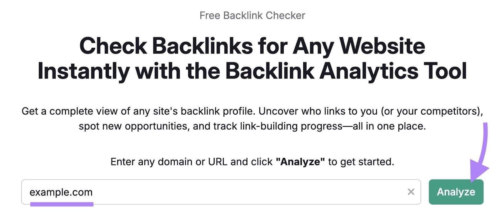 Backlink Analytics tool with a domain entered and "Analyze" clicked.
