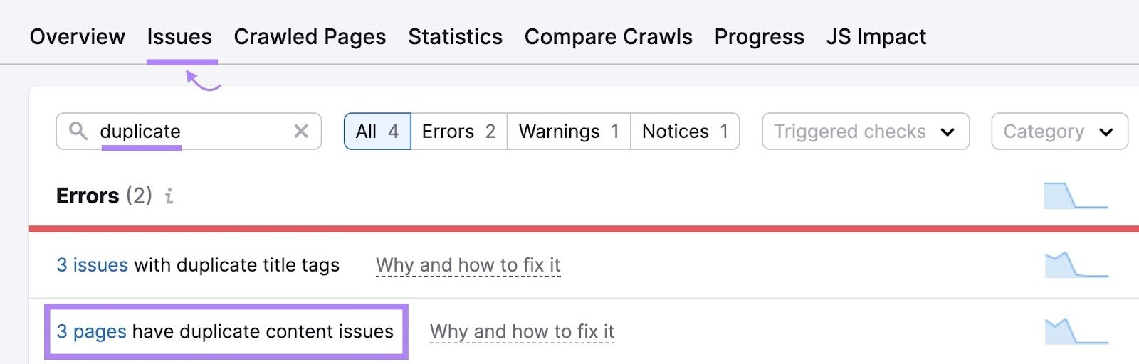 Issues tab on Site Audit with "duplicate" entered in the search bar and duplicate content errors highlighted.