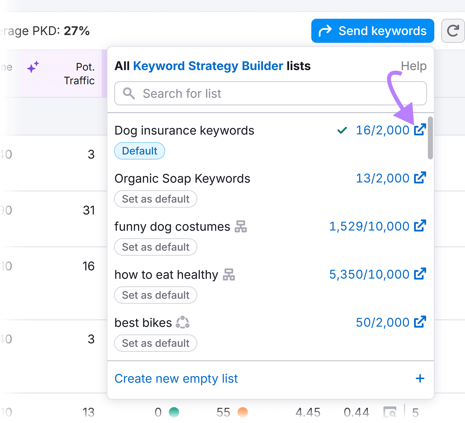 Dropdown showing keyword lists with an arrow pointing to the external link icon