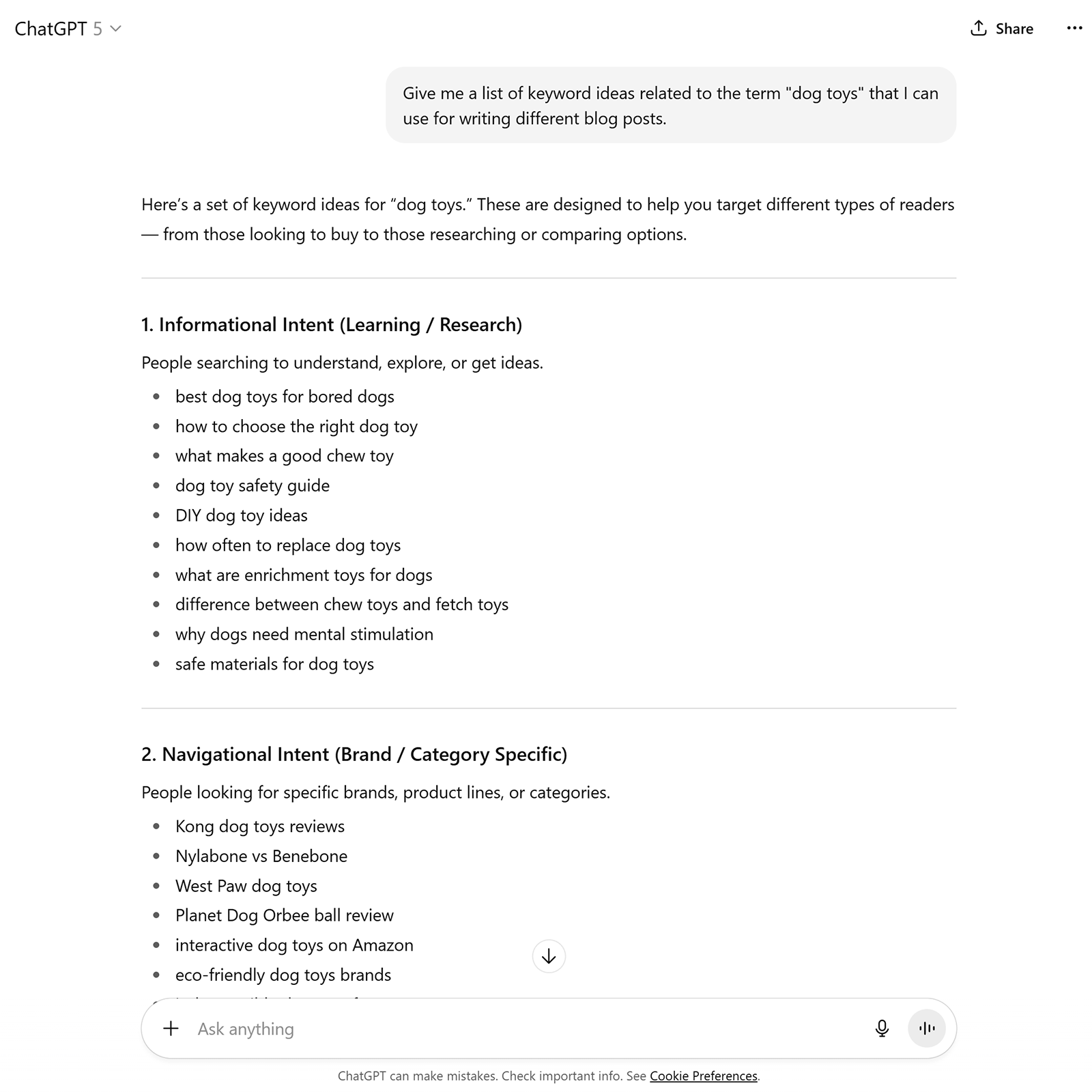 ChatGPT generated keyword ideas for “dog toys,” grouped by informational and navigational search intent.