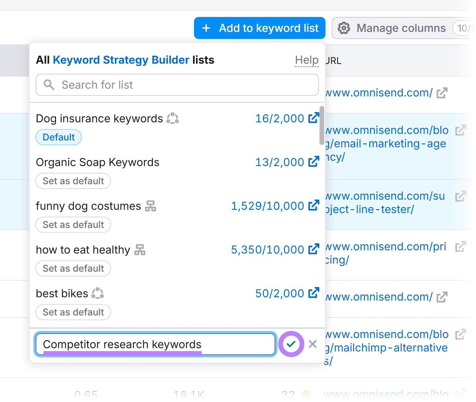 Dropdown to name keyword list with 'Competitor research keywords' entered