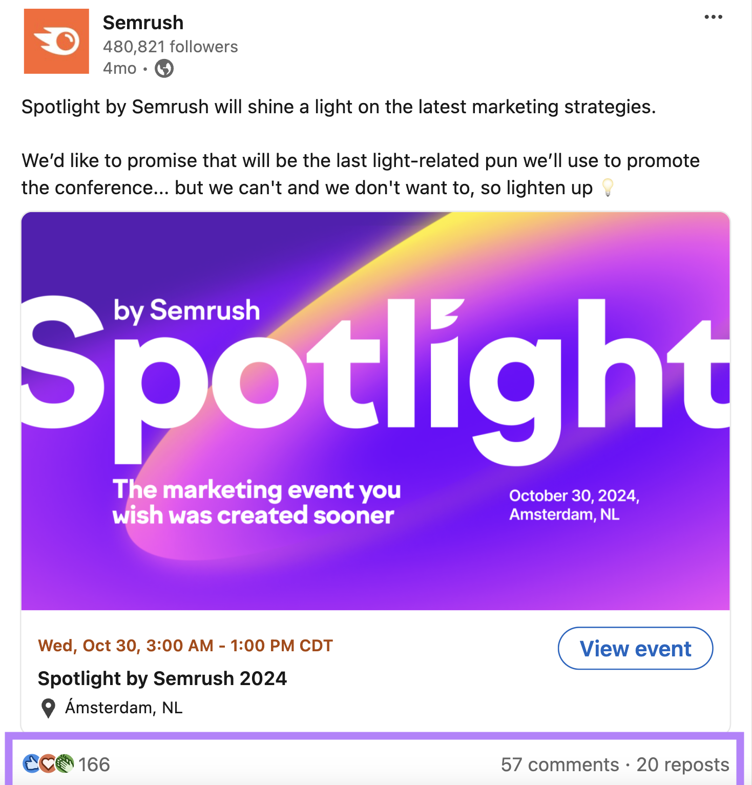 A post about an upcoming conference has 166 reactions, 57 comments, and 20 reposts.