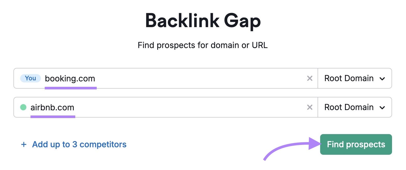 Backlink Gap tool start with two competing domains entered and "Compare" clicked.