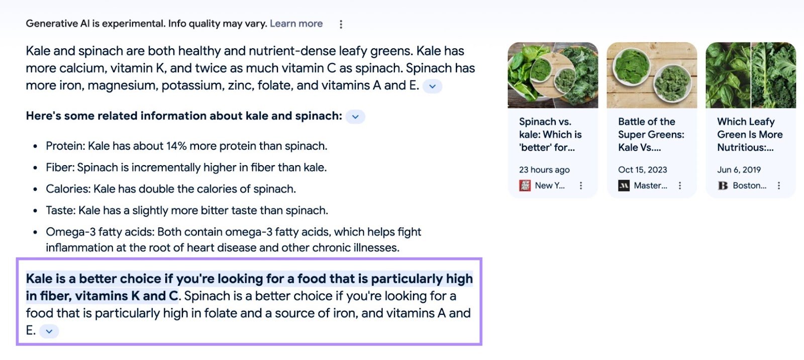 A SERP comparing kale and spinach
