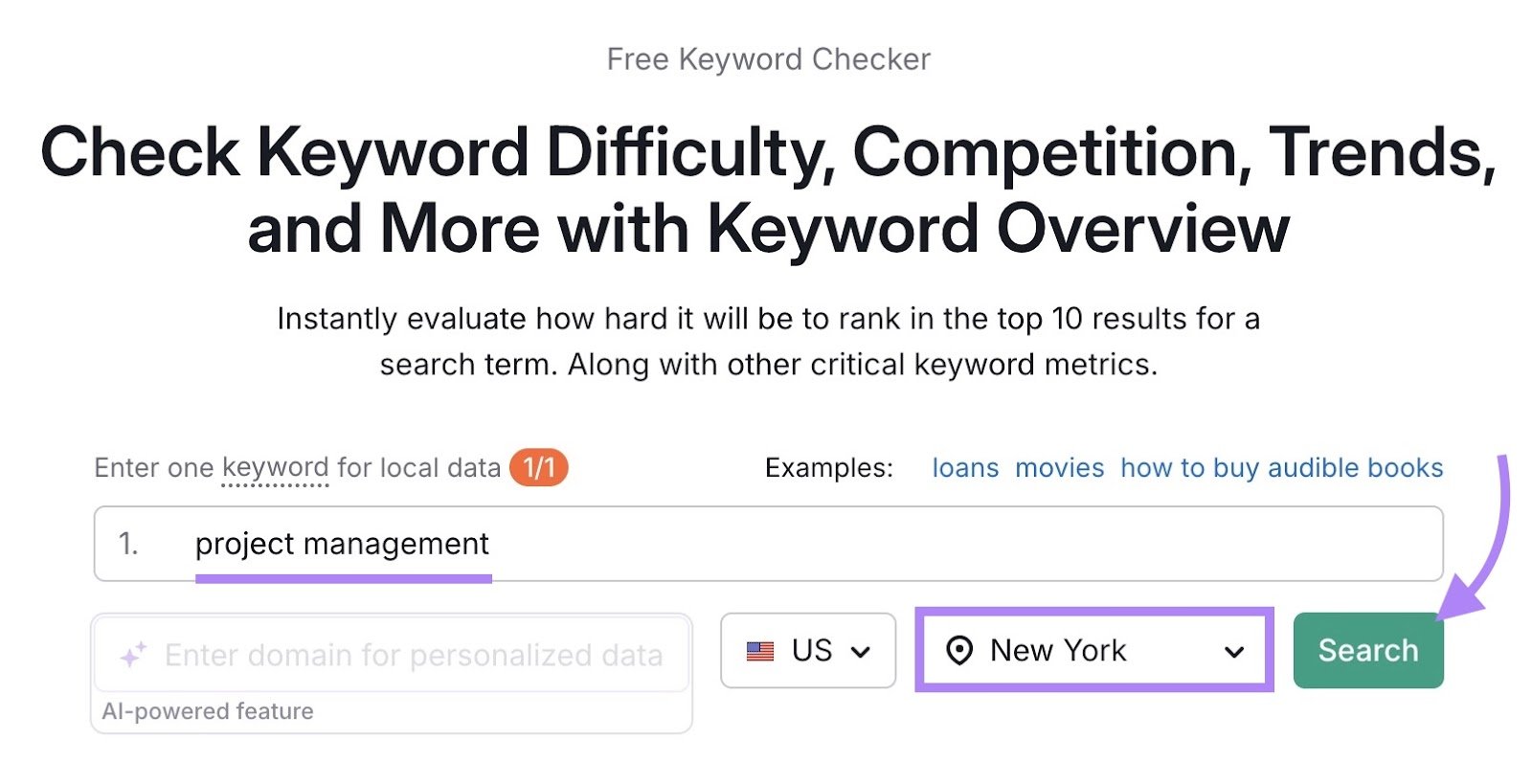 Keyword Overview tool start with "project management" entered as the term, "New York" selected as the location, and "Search" clicked.