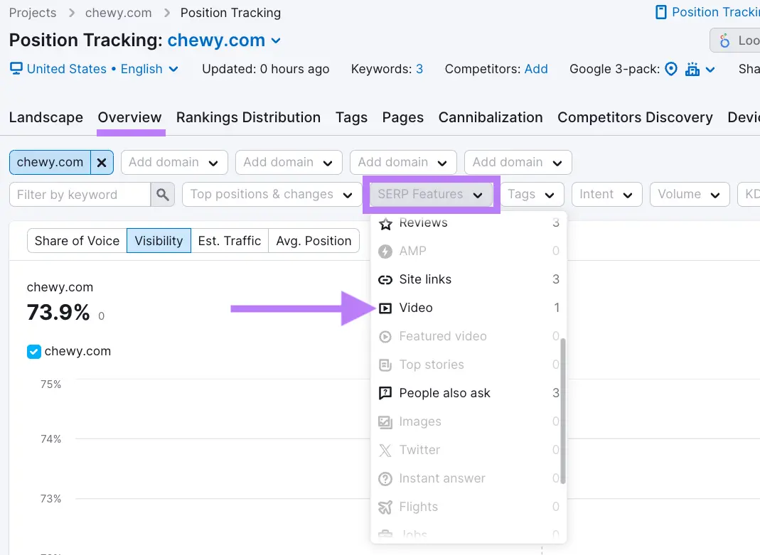 "Video" selected from the "SERP Features" drop-down menu in Position Tracking