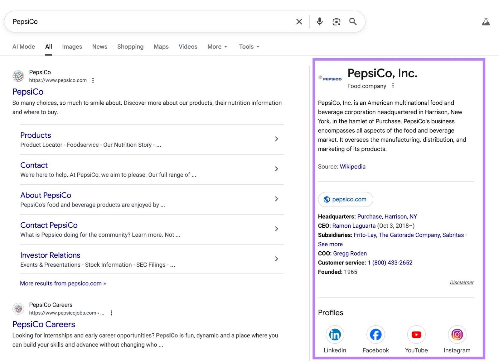 SERP for the term "PepsiCo" with the knowledge panel on the right-hand side highlighted.