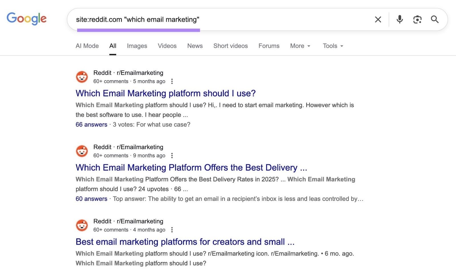 Using an exact phrase site search syntax to find Reddit discussions with a specific phrase.