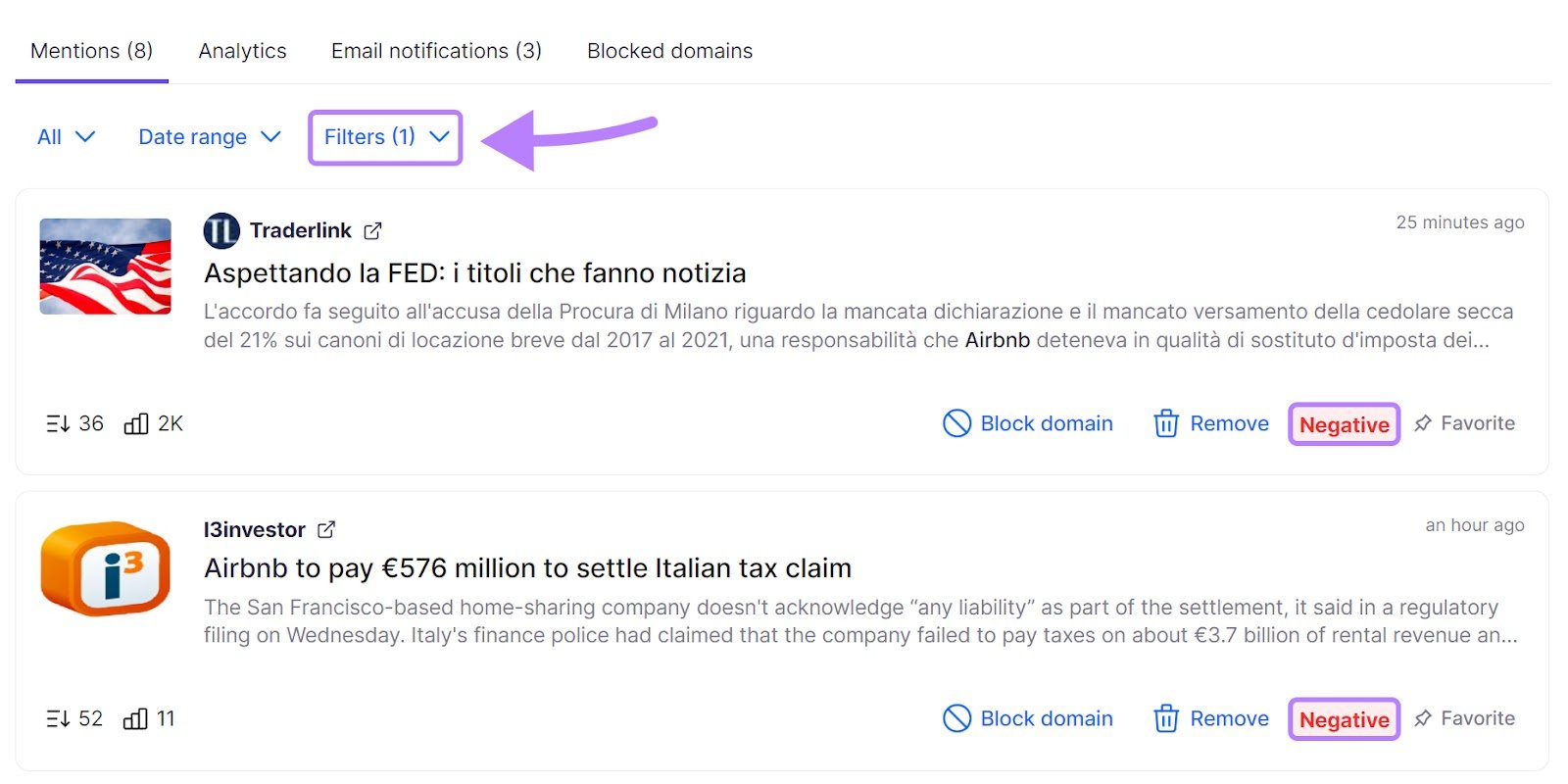 "Filters" highlighted under the list of mentions
