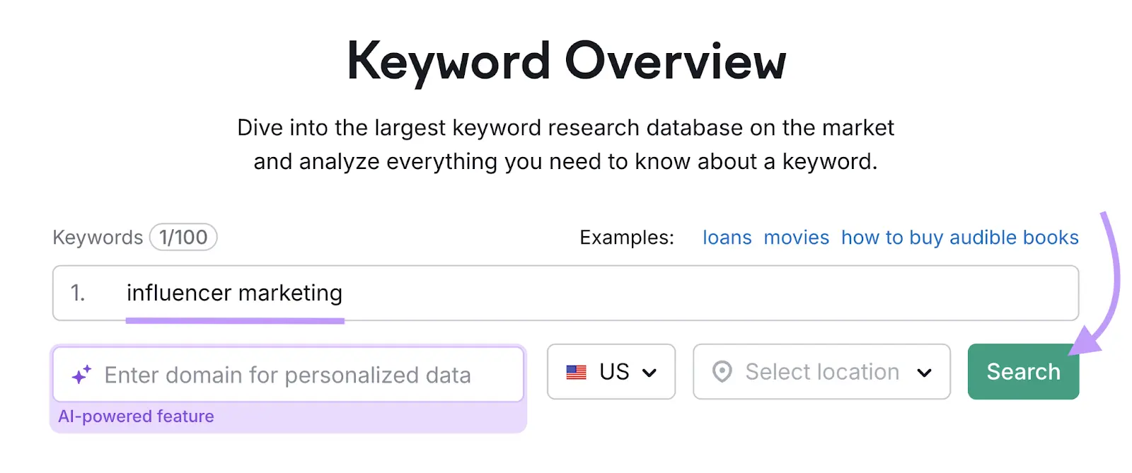 Keyword Overview with "influencer marketing" entered as the term and "Search" clicked.