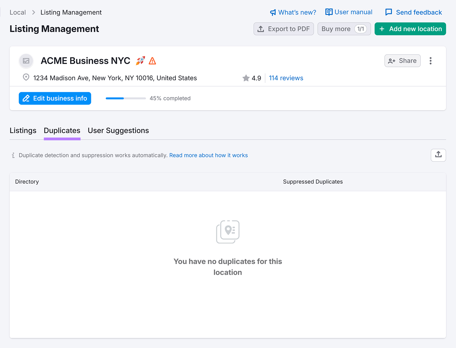 Semrush Listing Management showing Duplicates tab selected and highlighted with no duplicate listings found