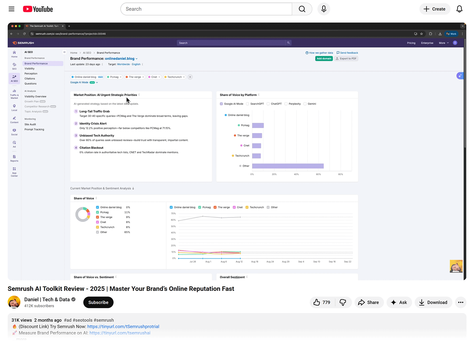 Daniel's YouTube video showing the Semrush dashboard with brand performance charts.