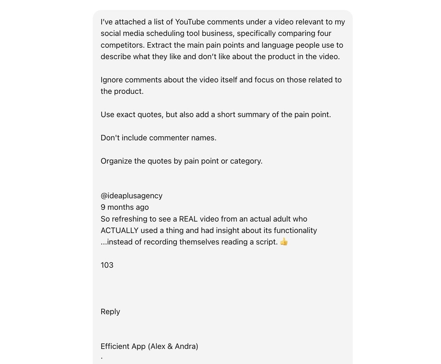 A prompt on ChatGPT to analyze YouTube comments from a competitor's video to extract the main pain points and language used by viewers.