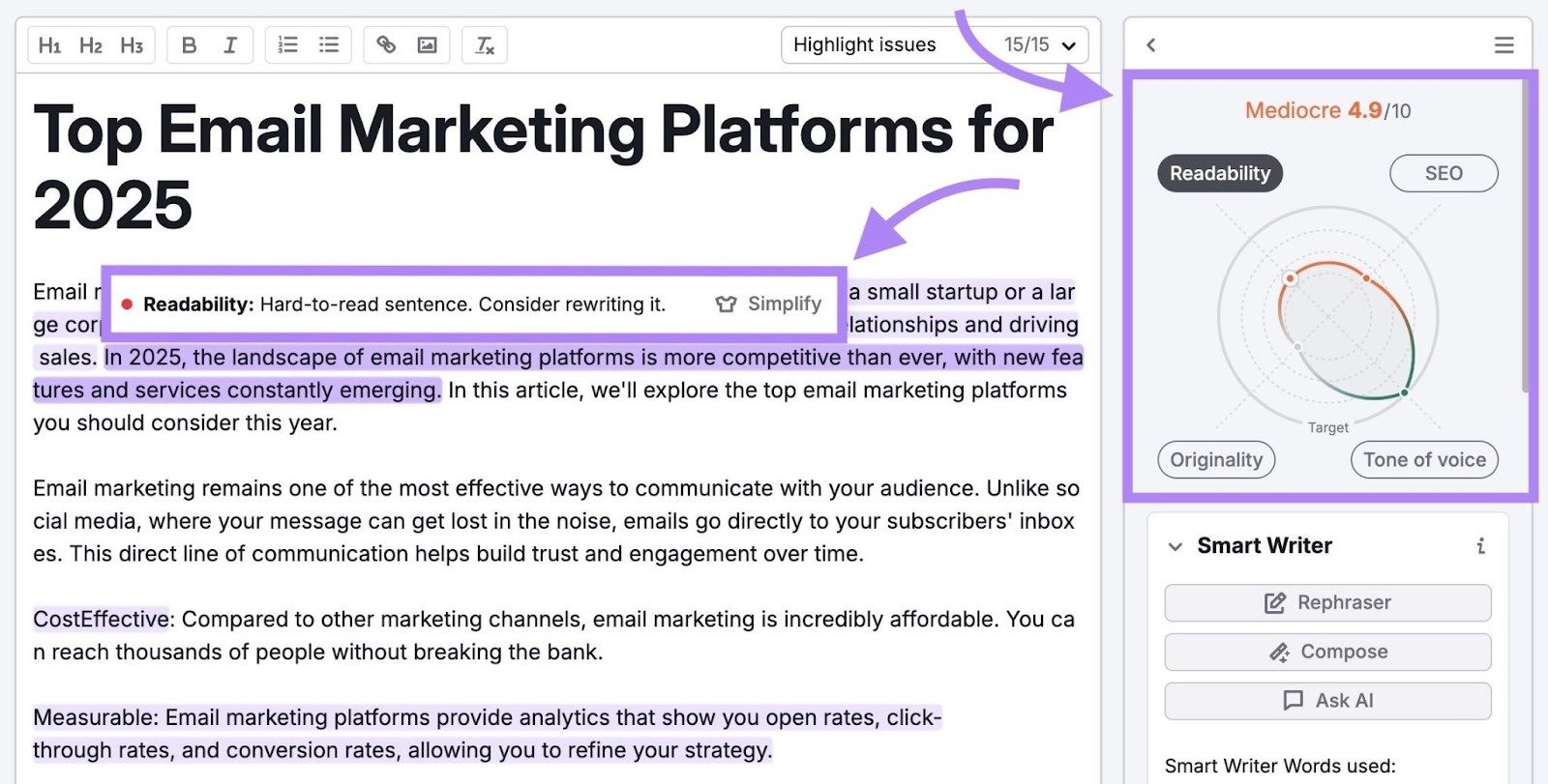 SEO Writing Assistant with a content score based on SEO, readability, originality, and tone along with specific suggestions to improve the article.