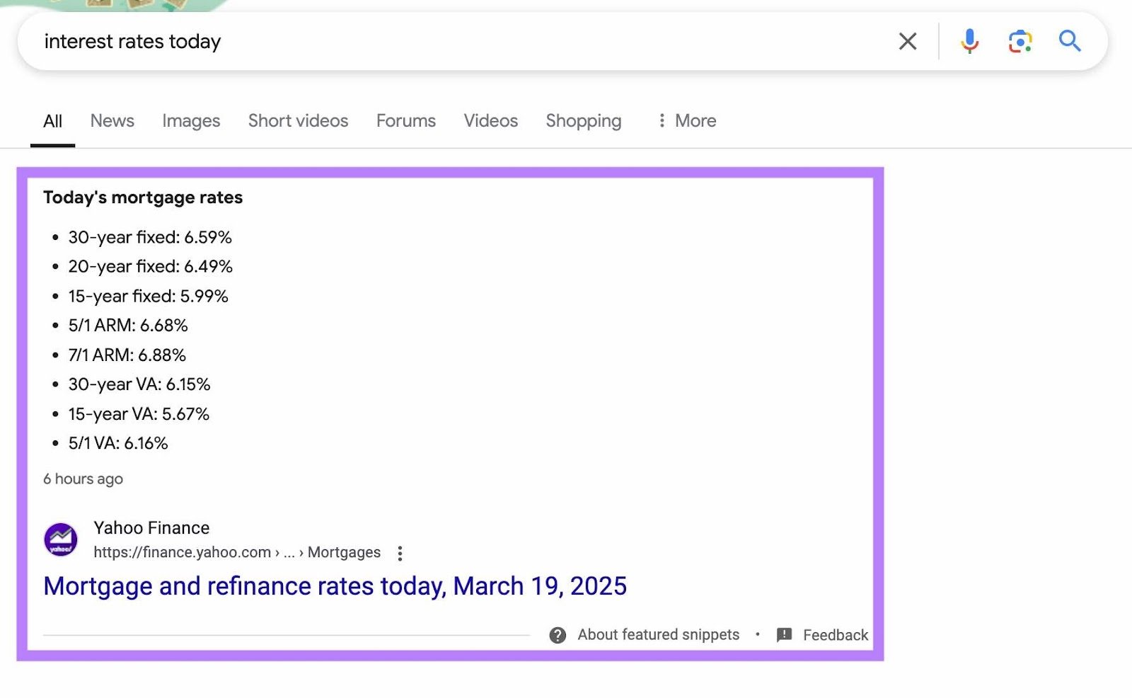 Current featured snippet for a keyword accessed directly from Semrush's Organic Research tool.