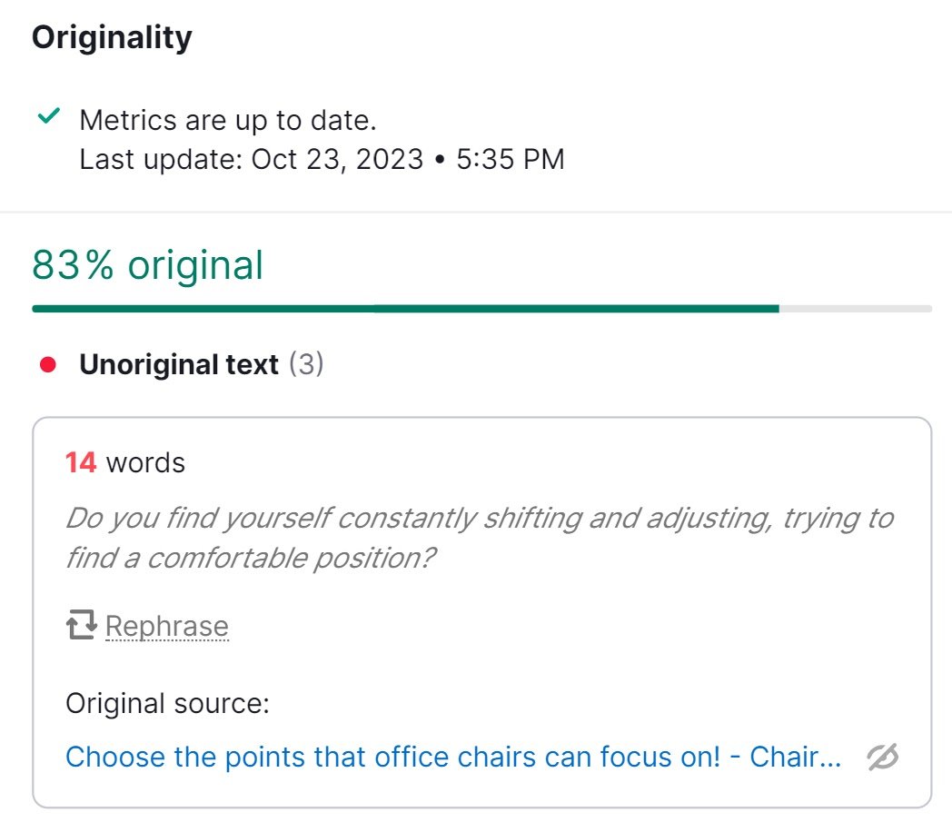 "Originality" section in SEO Writing Assistant tool