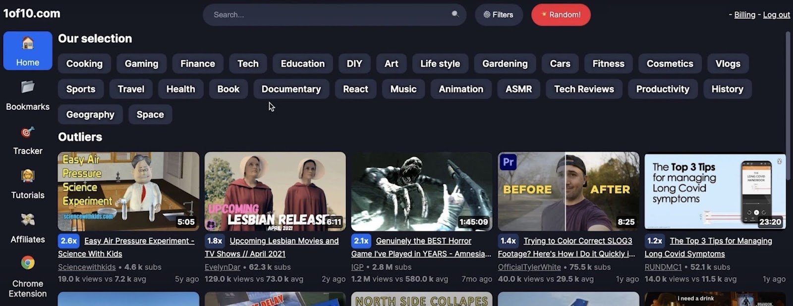 The "Home" tab on the 1of10 dashboard showing different videos along with their outlier score.