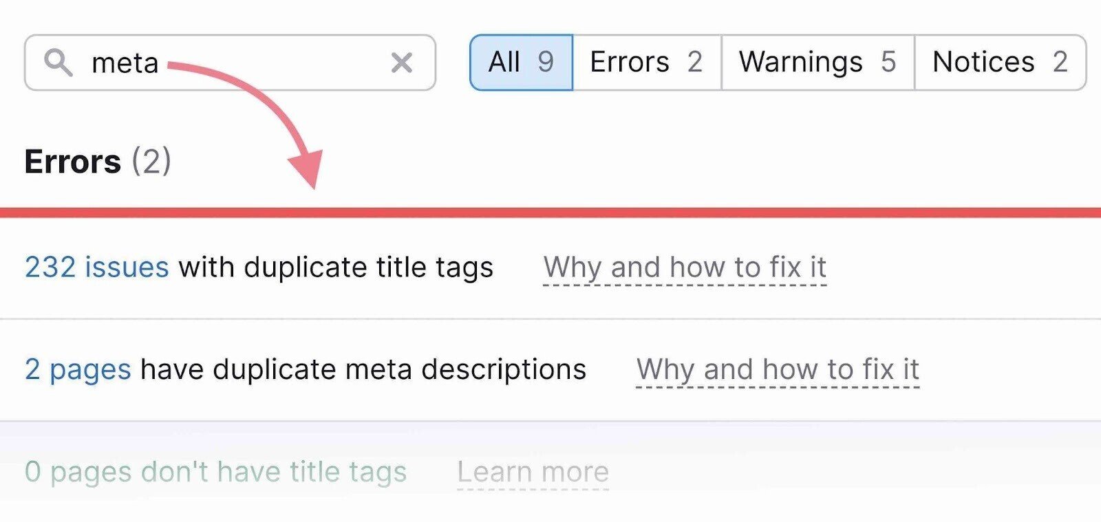 find all errors in site audit
