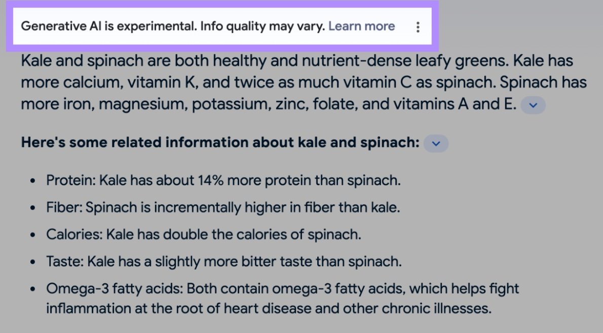 “Generative AI is experimental. Info quality may vary.” disclaimer