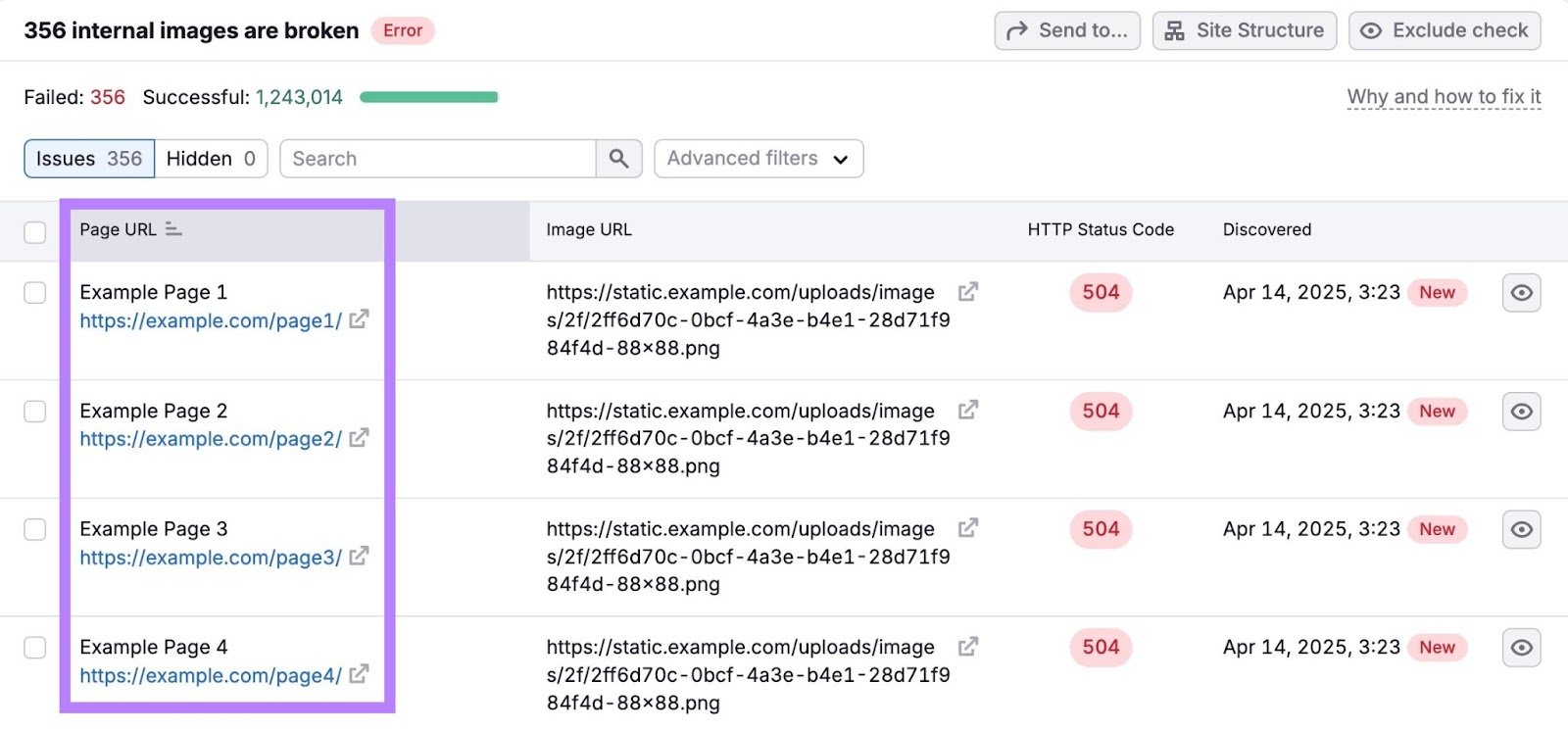 Issues tab on Site Audit showing a list of affected URLs with the same issue.