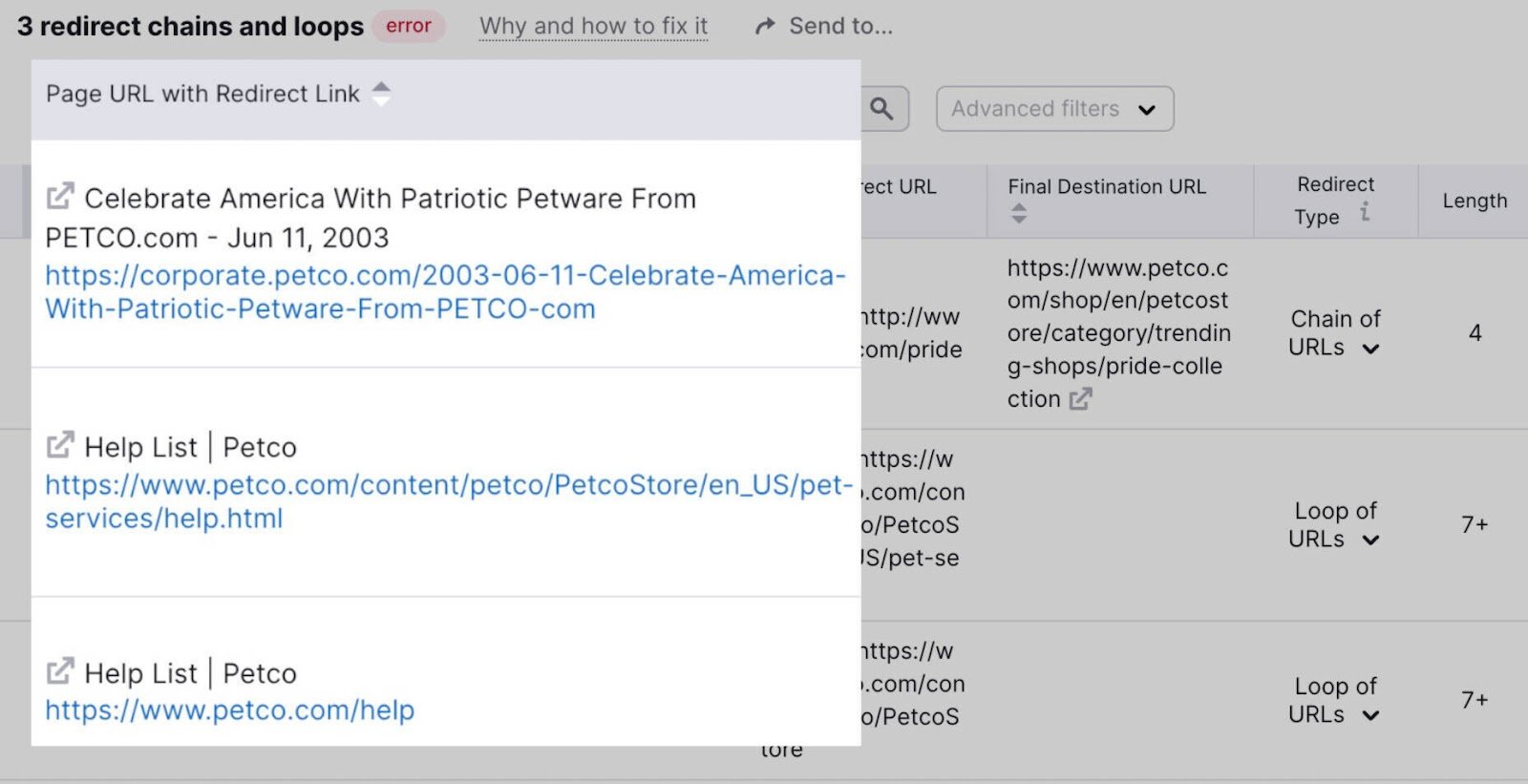 List of pages with redirect chains or loops.