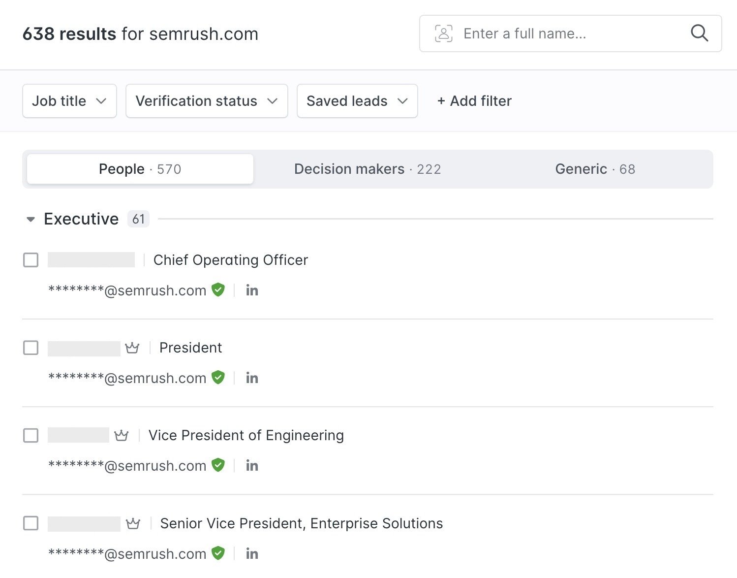 A list of email addresses for people at a specific company with their names and titles found on Hunter.