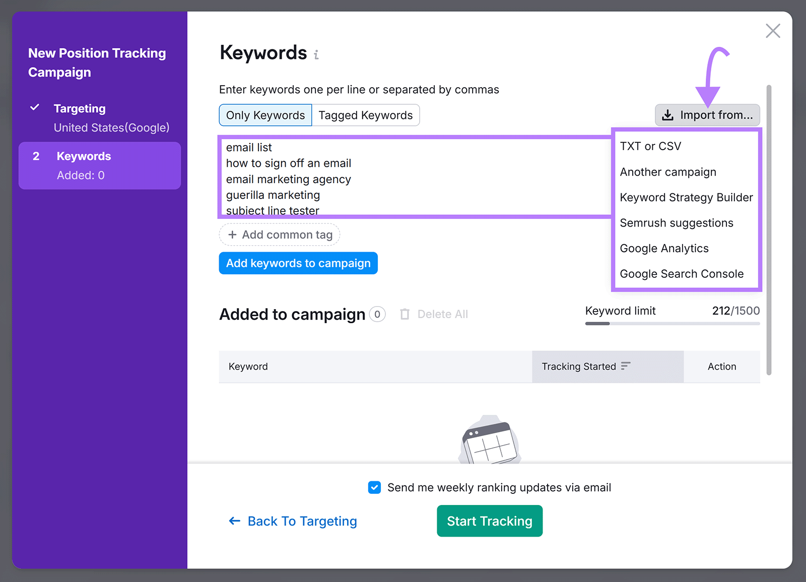 Keywords entered manually with arrow pointing to "Import from" menu showing multiple import options