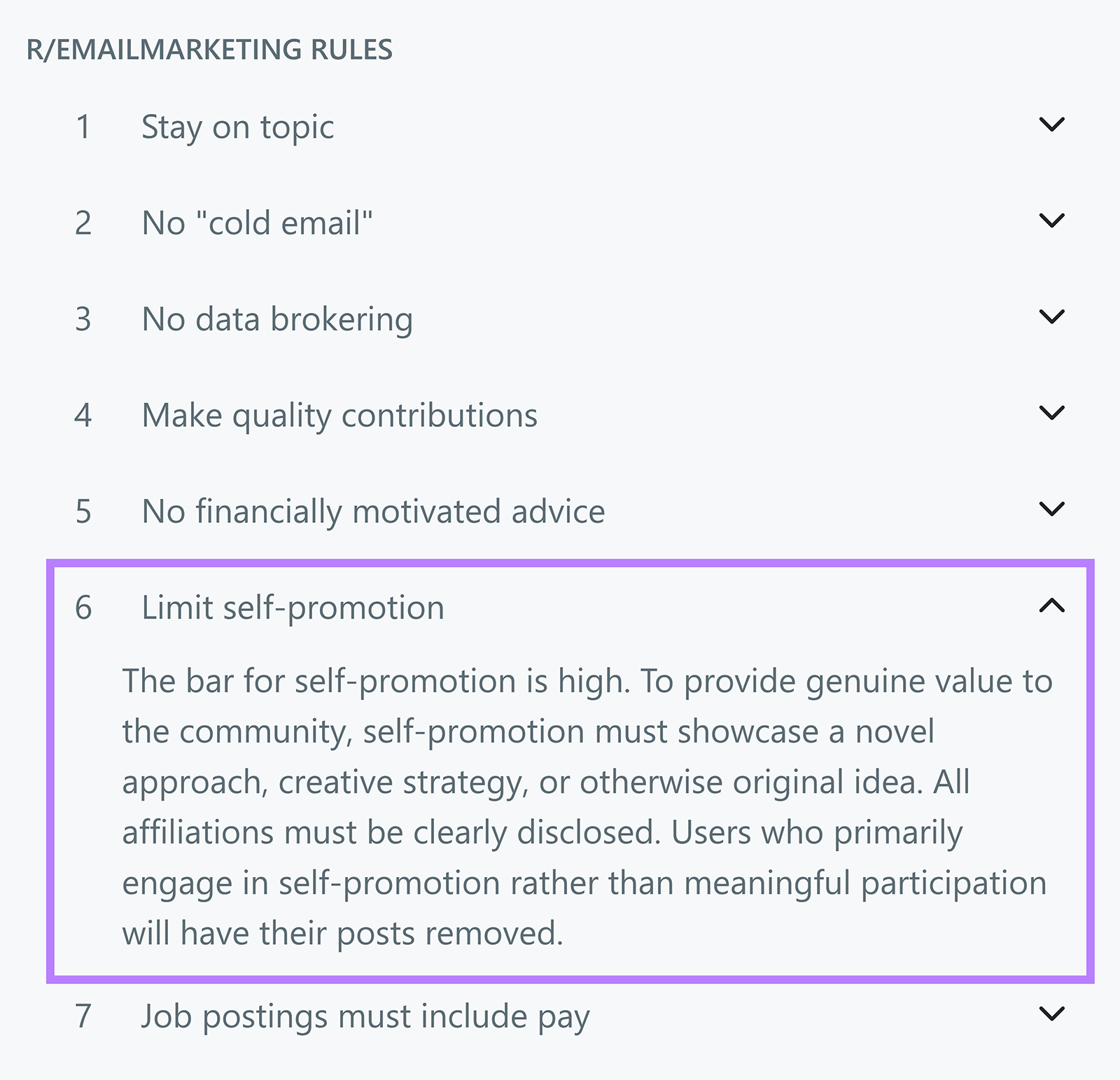 Highlighted rule in r/emailmarketing subreddit limiting self-promotion.