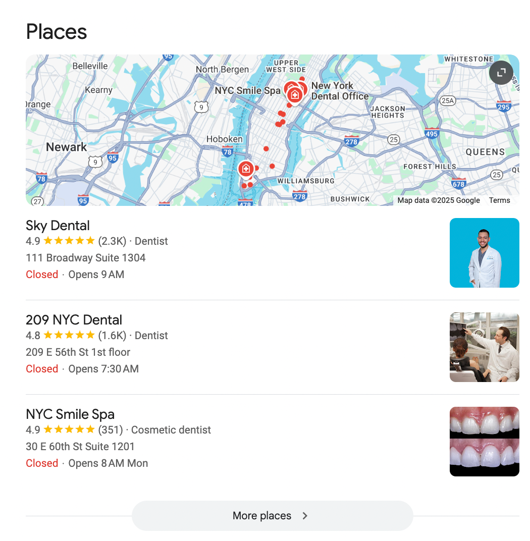 Google Local Pack results for a search on Google Assistant reading “What’s the best dentist in New York?”