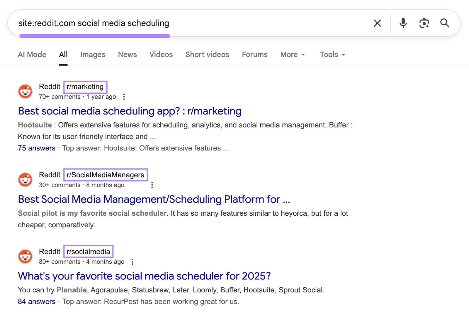 Google SERP with a site search operator used to find relevant subreddits to analyze.