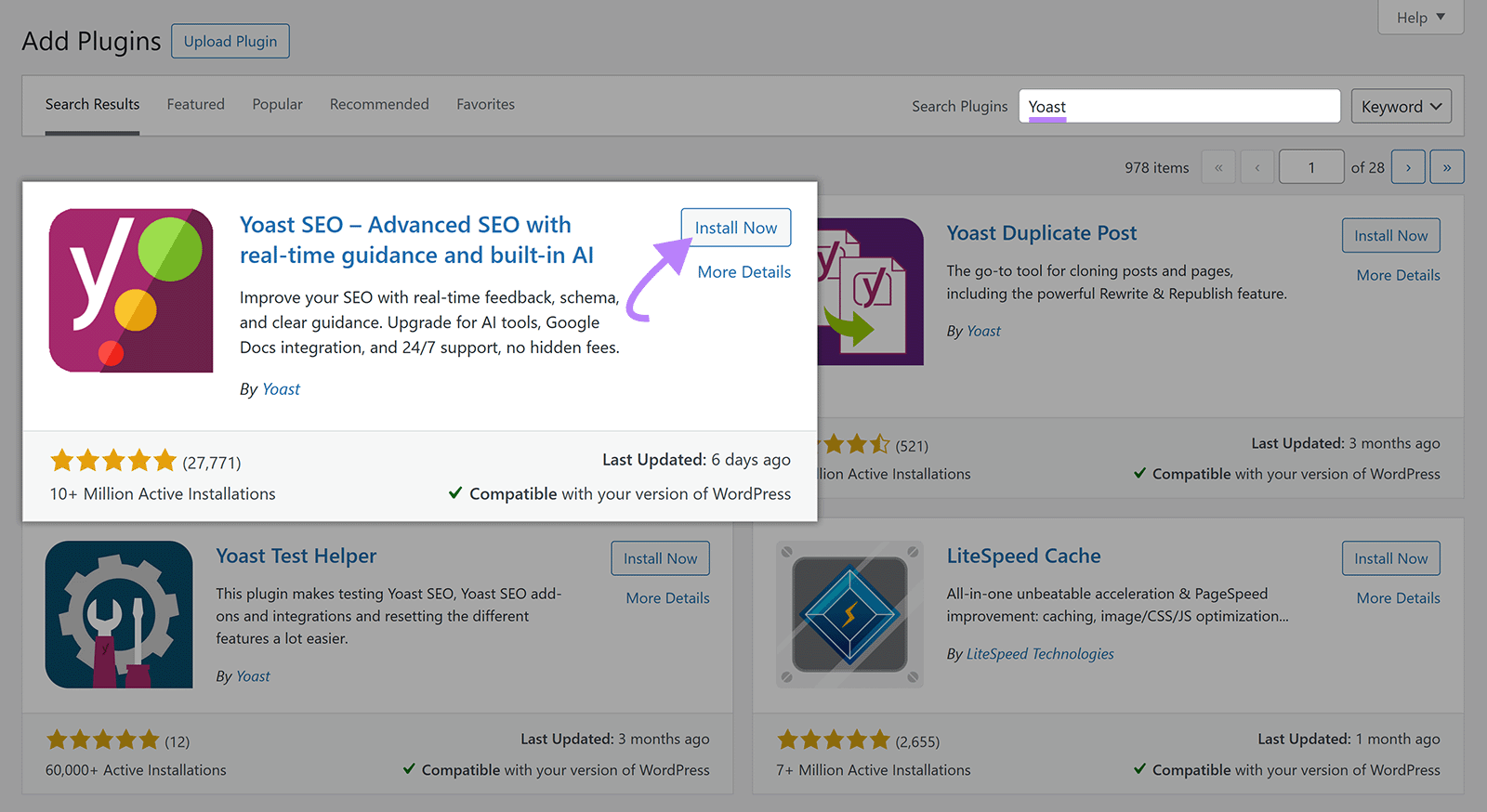 WordPress add plugin page with an arrow pointing to the “Install Now” button on the Yoast SEO plugin card.