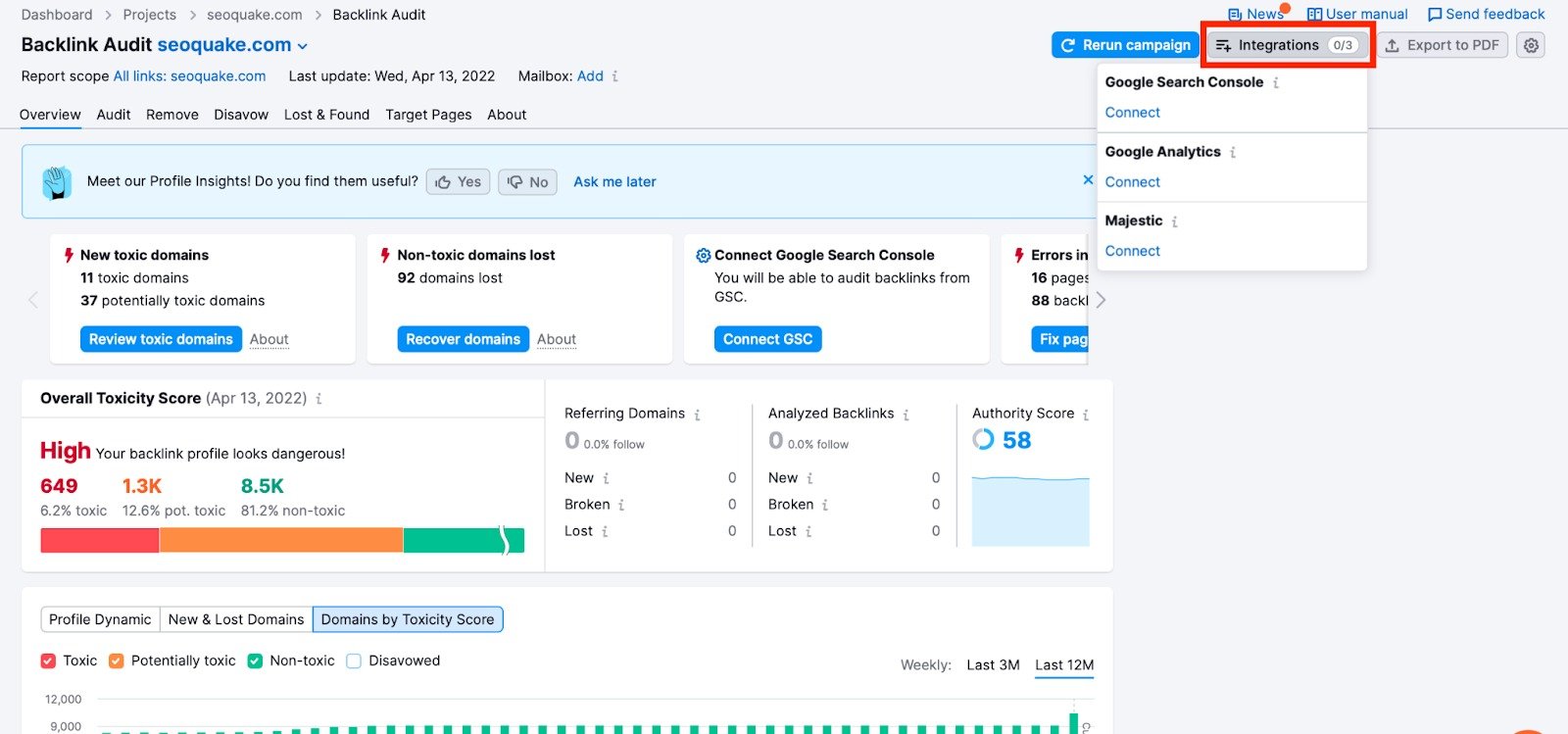 The Integrations button is highlighted. There are options to connect Google Search Console, Google Analytics, and Majestic.