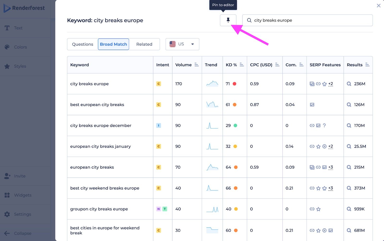 renderforest pin to editor