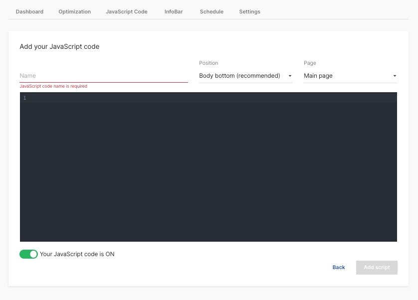 The JavaScript editor functions the same way as the custom HTML element--copy and paste your code to add it to the page.